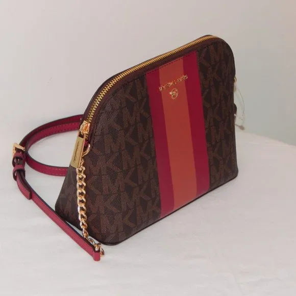 NWT MICHAEL KORS MK MONOGRAM Center Stripe CINDY LG Dome CHAIN XBODY BAG Berry